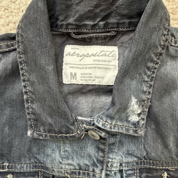 Aeropostale Rhinestone Star Patched Reworked Distressed Blue Black Denim Jacket - Picture 11 of 11